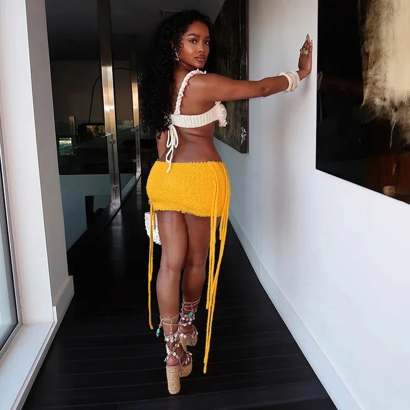 Furry side tassle mini skirt