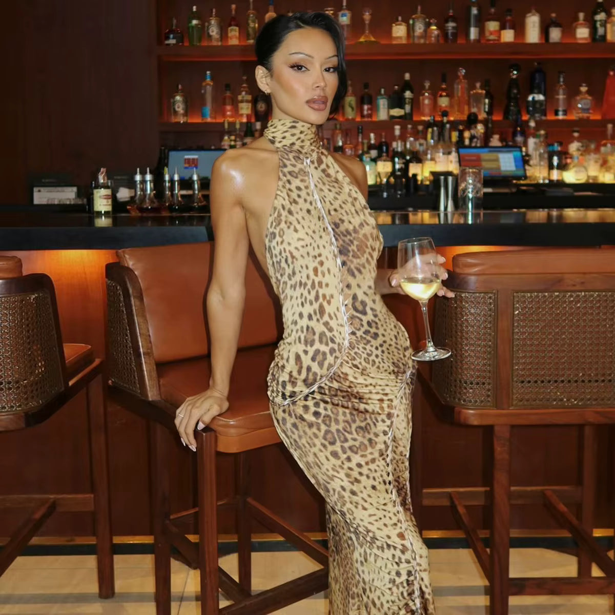 Leopard Print Backless Halter Midi Dress