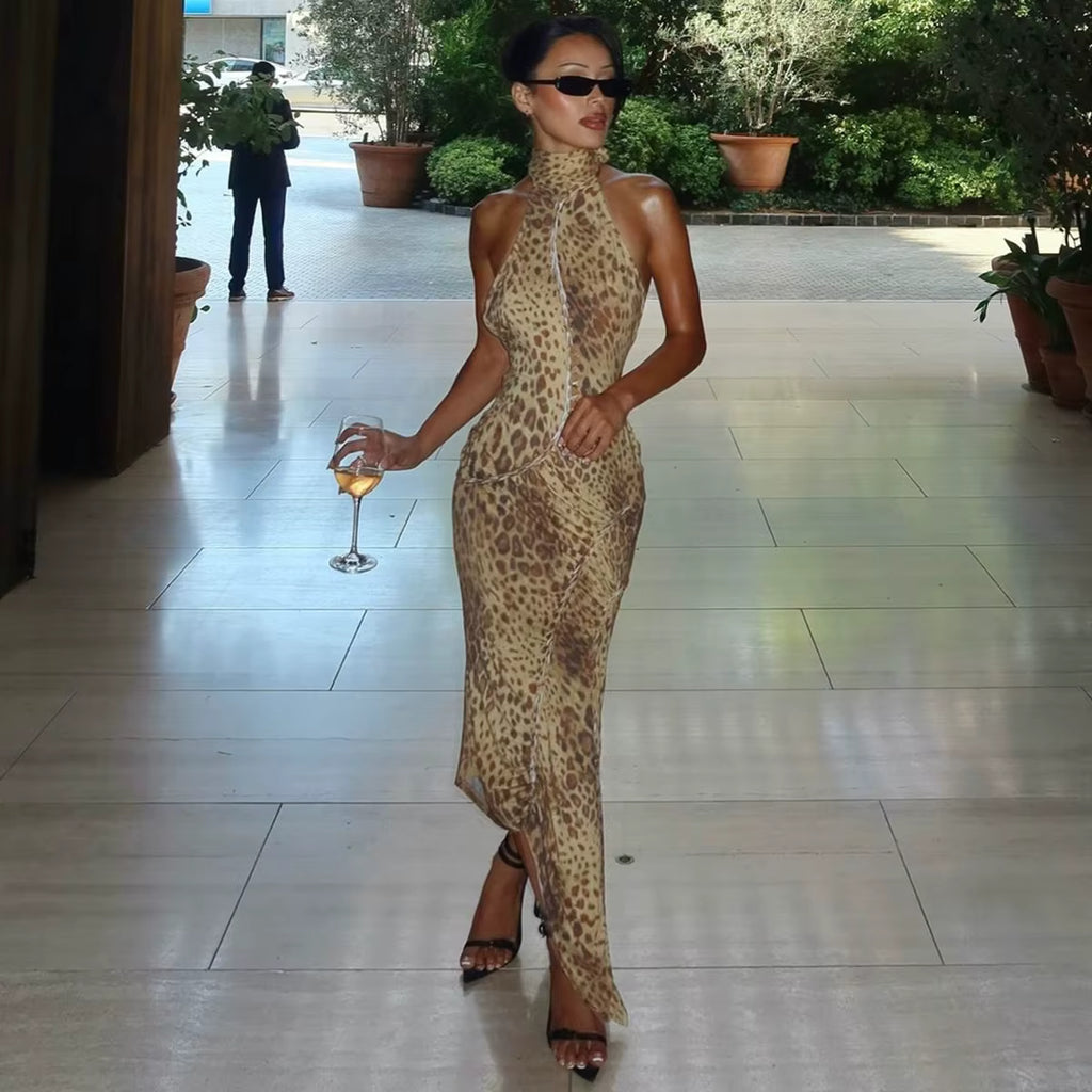 Leopard Print Backless Halter Midi Dress