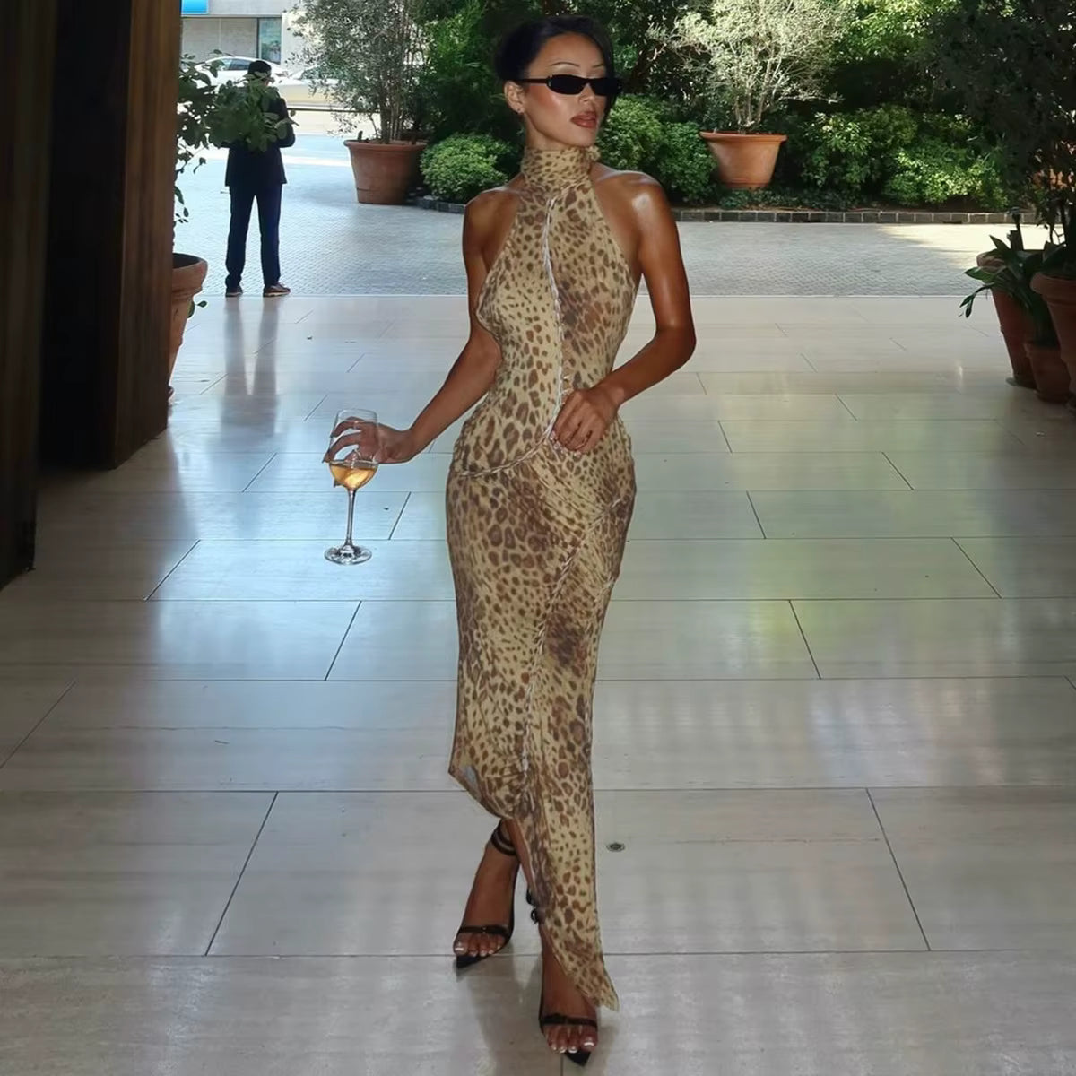 Leopard Print Backless Halter Midi Dress