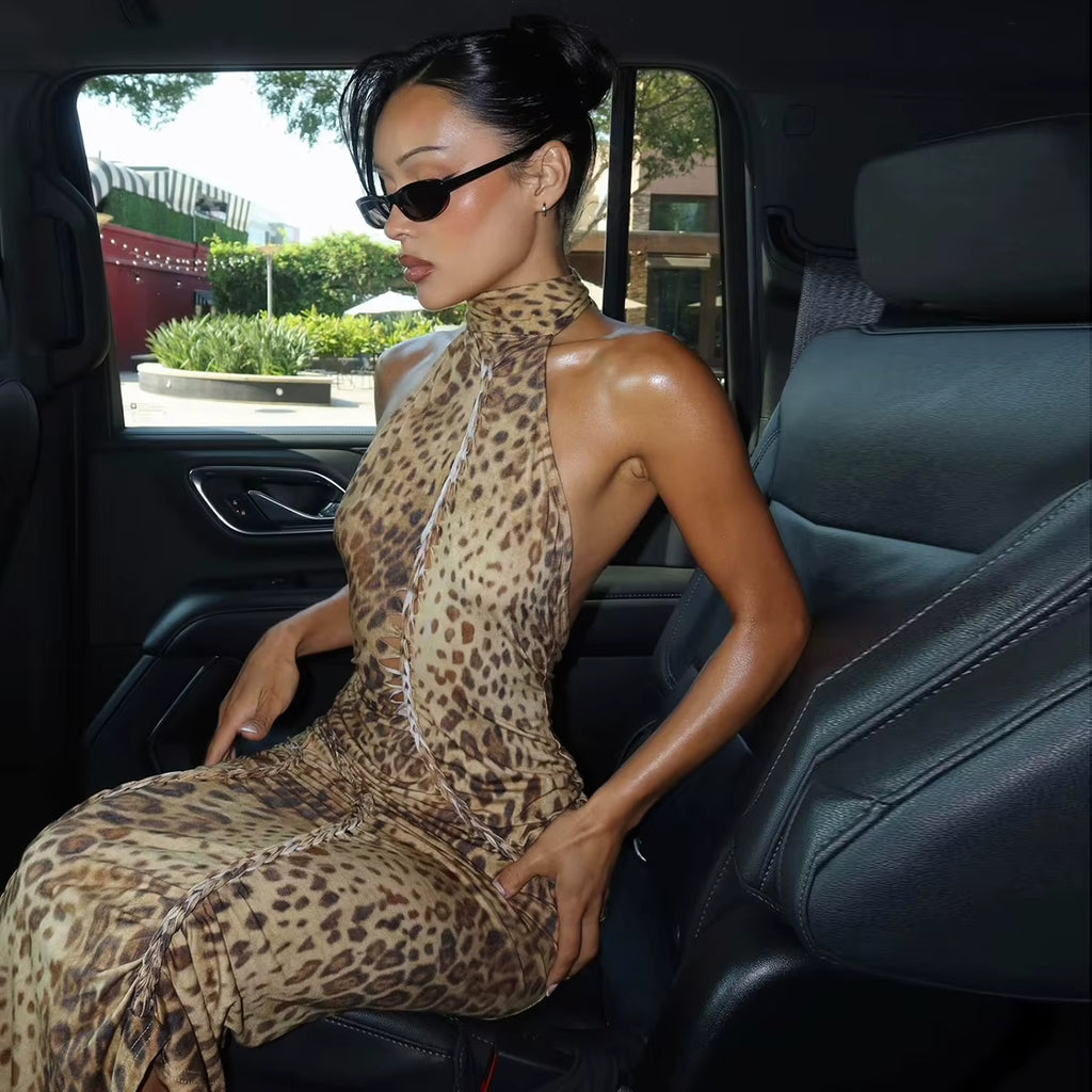 Leopard Print Backless Halter Midi Dress