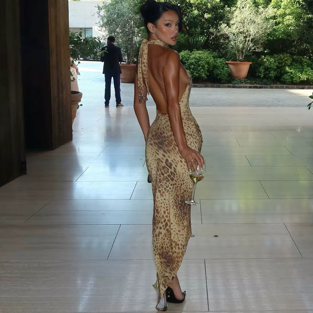 Leopard Print Backless Halter Midi Dress
